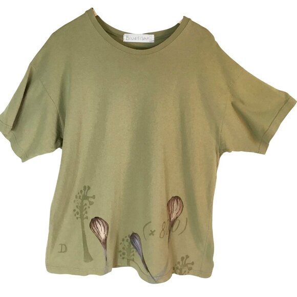 VTG Blue Fish Balloon Flower Tunic Organic Cotton Artwear Lagenlook Top M USA - Picture 1 of 9